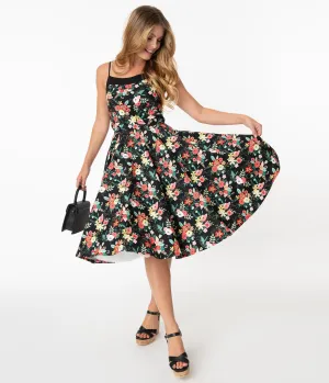 1950s Black & Happy Floral Print Elena Swing Dress