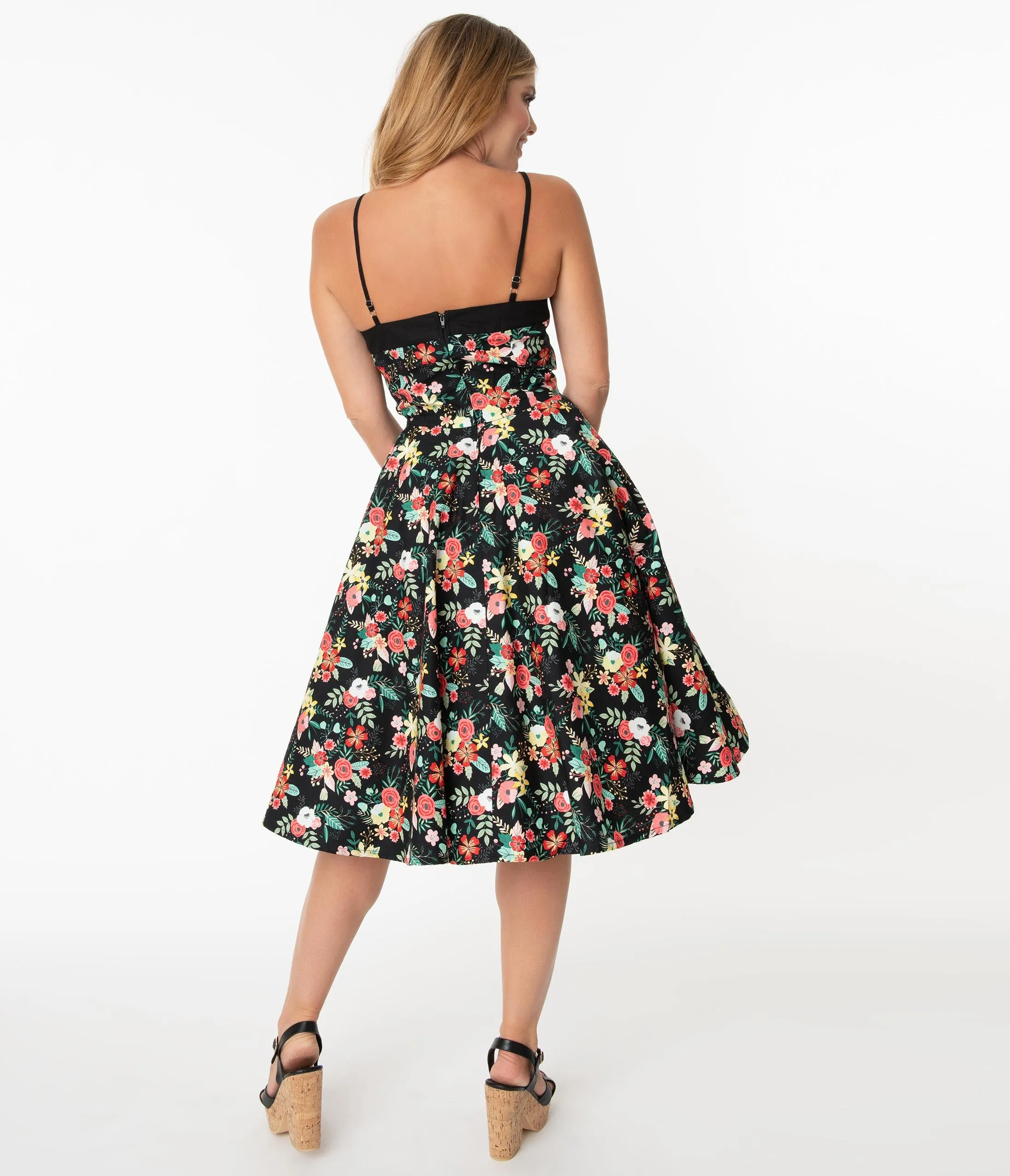 1950s Black & Happy Floral Print Elena Swing Dress