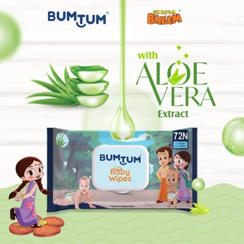 Bumtum Baby Chota Bheem Gentle Soft Moisturizing Wet Wipes With Lid | Aloe Vera & Chamomile Extracts | Paraben & Sulfate Free (Pack of 6, 72 Pcs. Per Pack)