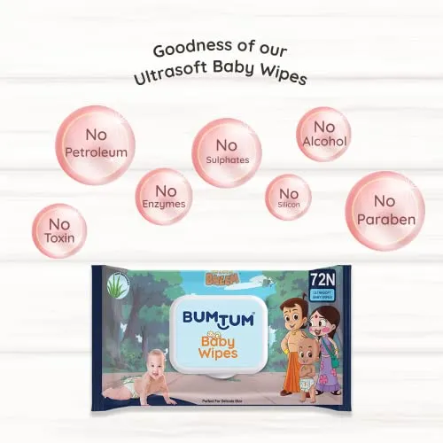 Bumtum Baby Chota Bheem Gentle Soft Moisturizing Wet Wipes With Lid | Aloe Vera & Chamomile Extracts | Paraben & Sulfate Free (Pack of 6, 72 Pcs. Per Pack)