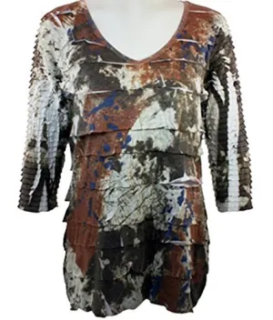 Cubism - Brown Splash Print, 3/4 Sleeve Woman's Top, V-Neck, Multi-Colored