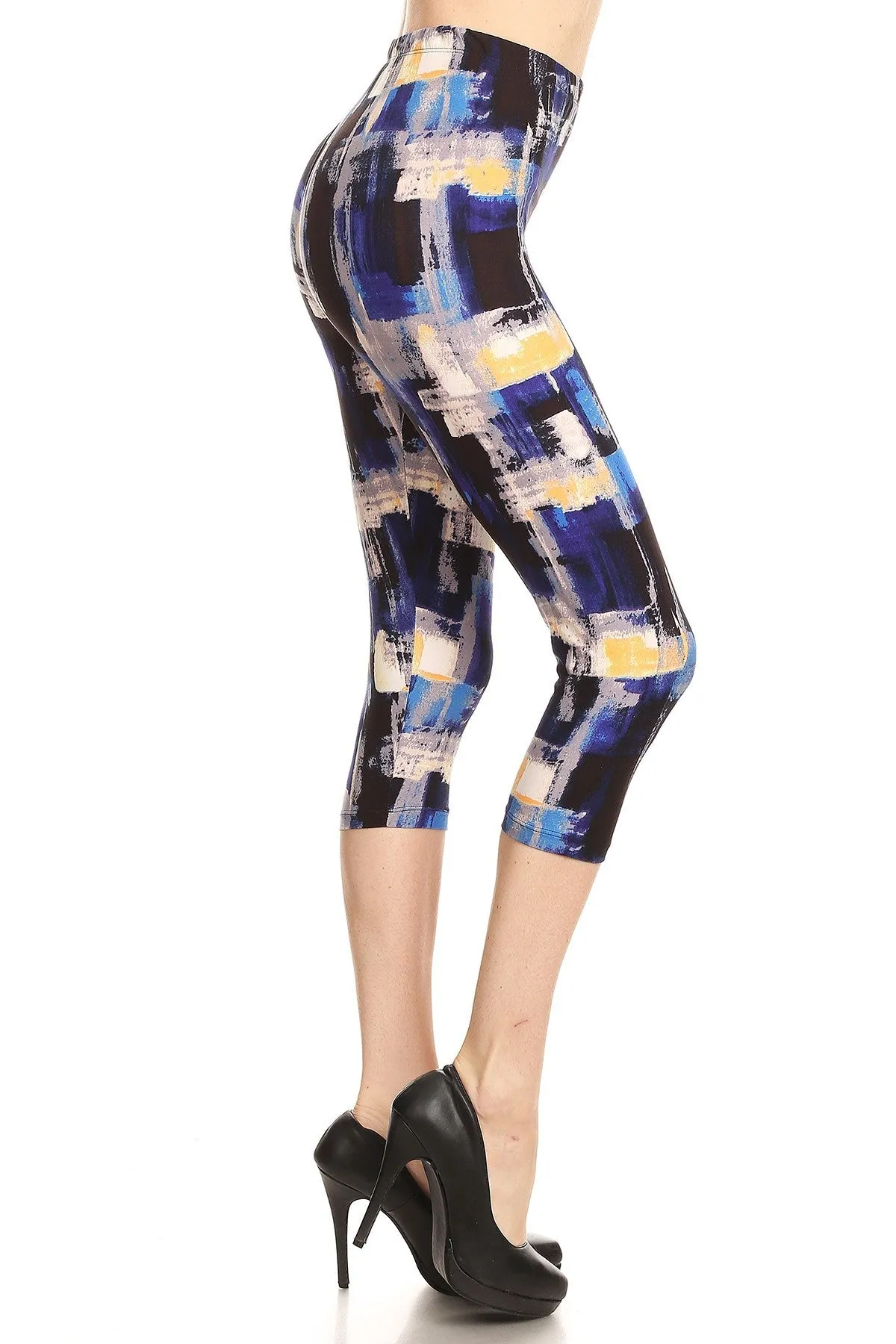 iZZYZX Women's Regular Blue Brush Stroke Printed Cropped Capri Leggings