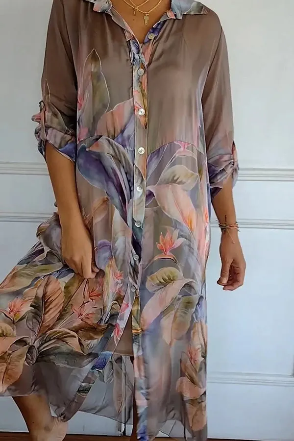 Lightweight and Comfortable Floral Print Shirt Maxi Dress