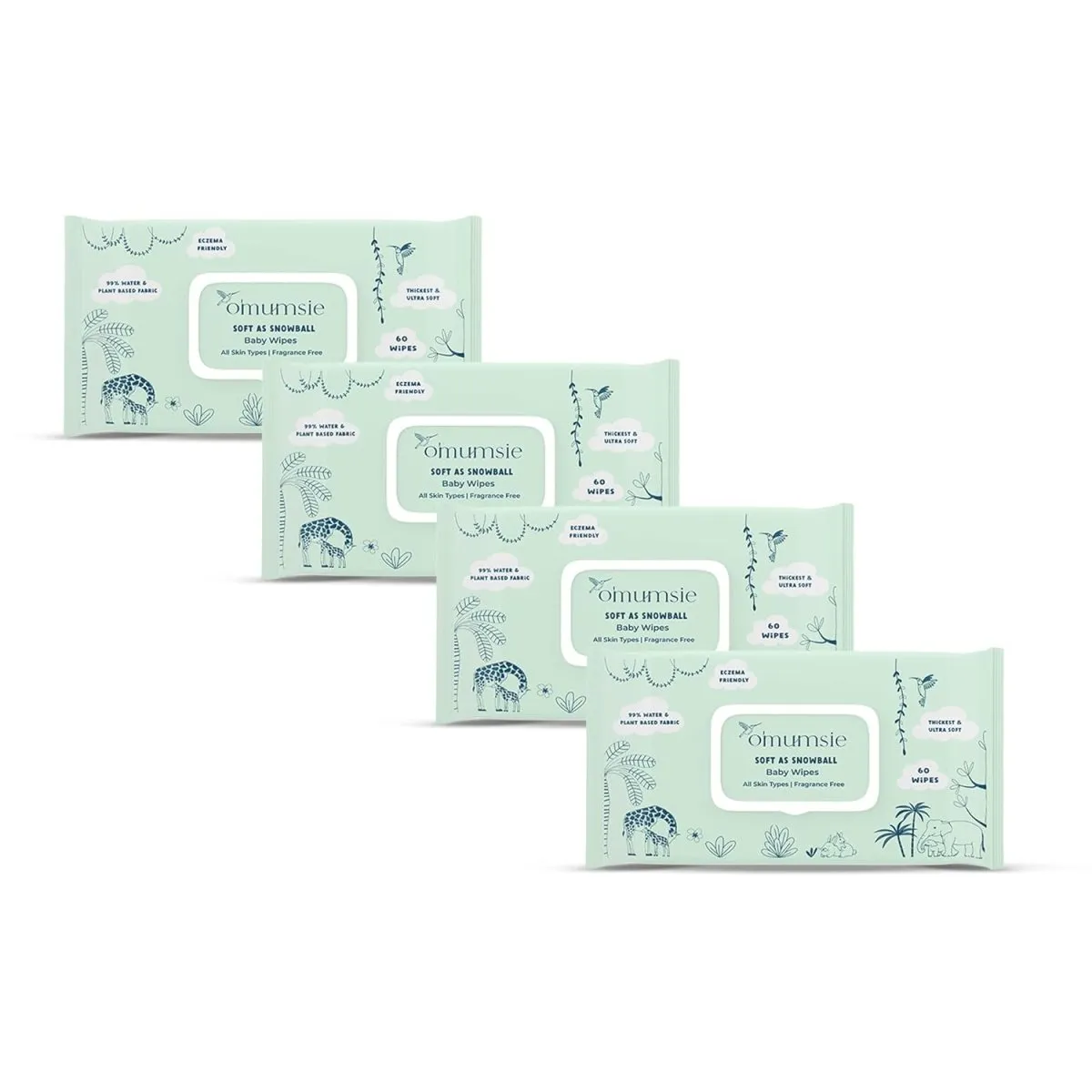 Omumsie 99% Pure Water (Unscented)Thickest Plant Based Baby Wipes Pack of 4