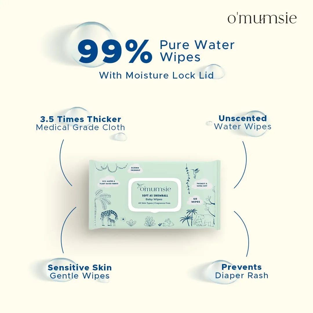 Omumsie 99% Pure Water (Unscented)Thickest Plant Based Baby Wipes Pack of 4