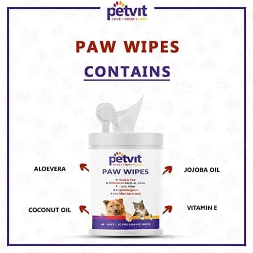 Petvit Ear Cleansing Wipes and Paw & Nose Wipes for Dogs and Cats Combo