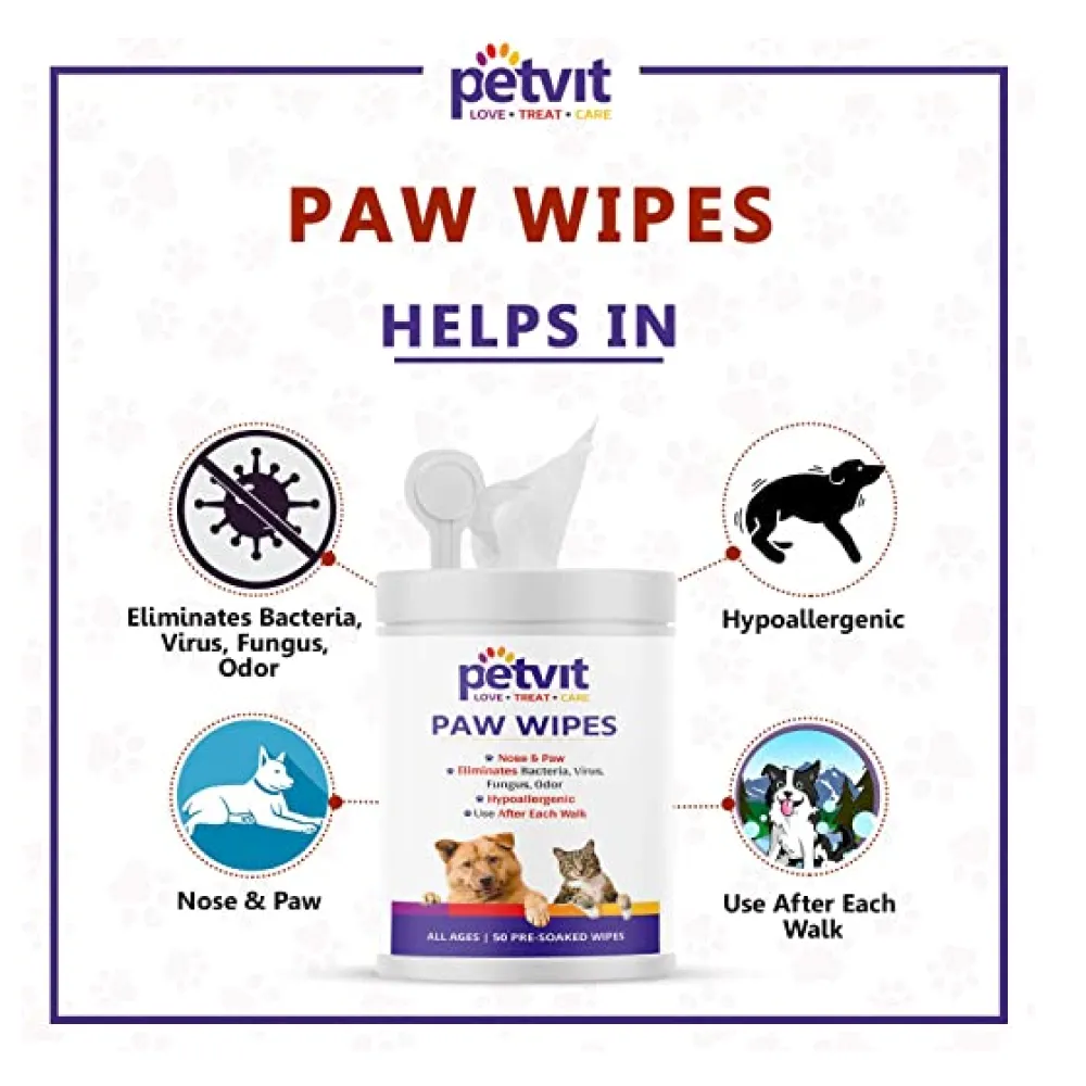 Petvit Ear Cleansing Wipes and Paw & Nose Wipes for Dogs and Cats Combo