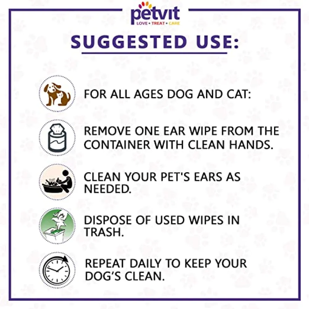 Petvit Ear Cleansing Wipes and Paw & Nose Wipes for Dogs and Cats Combo