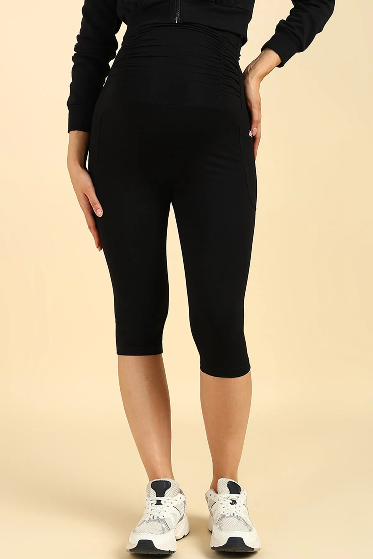 Ruched Cotton Black Maternity Capri (Pregnancy & Postpartum)