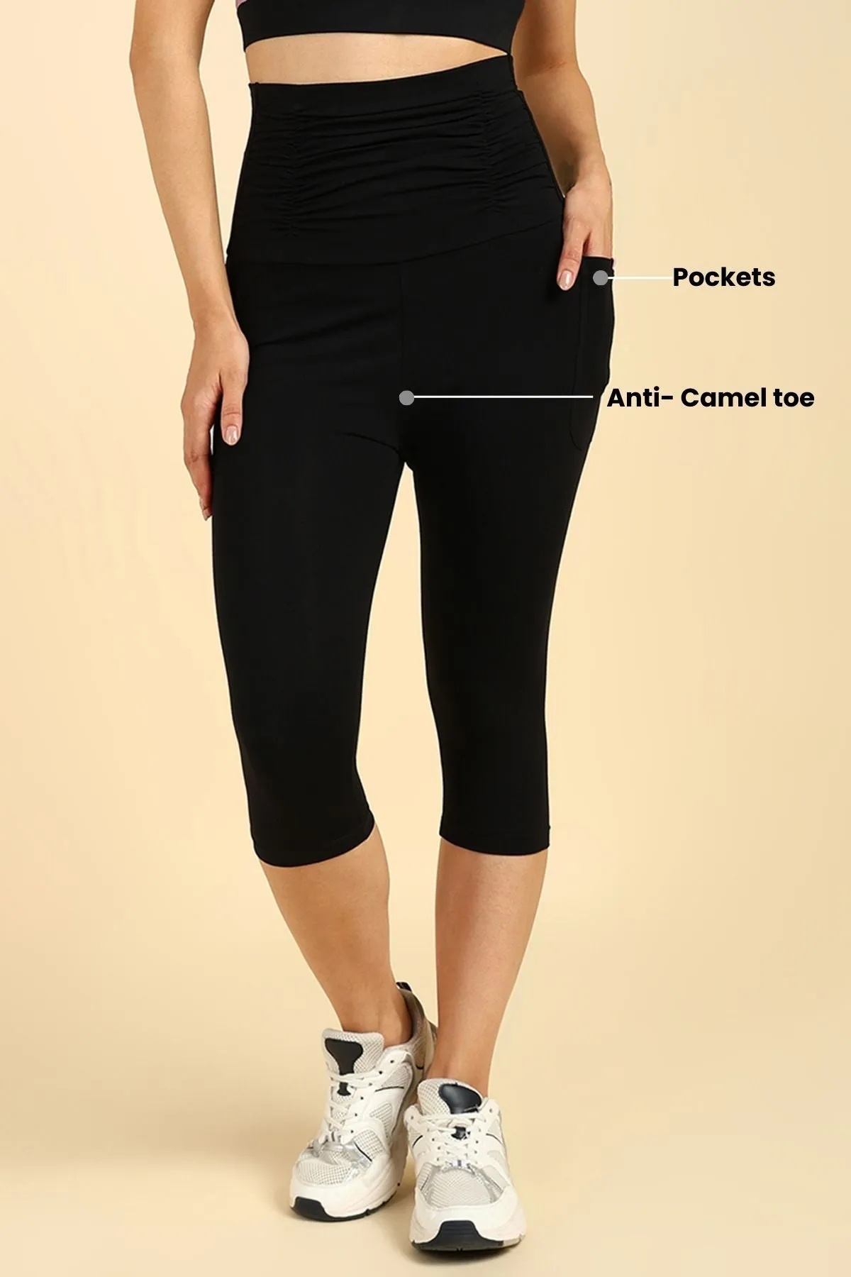 Ruched Cotton Black Maternity Capri (Pregnancy & Postpartum)