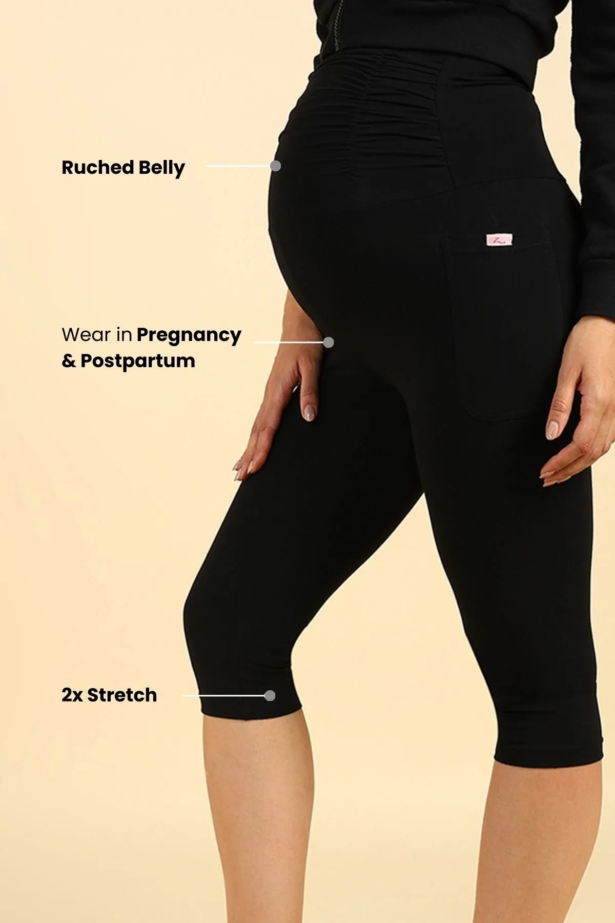 Ruched Cotton Black Maternity Capri (Pregnancy & Postpartum)