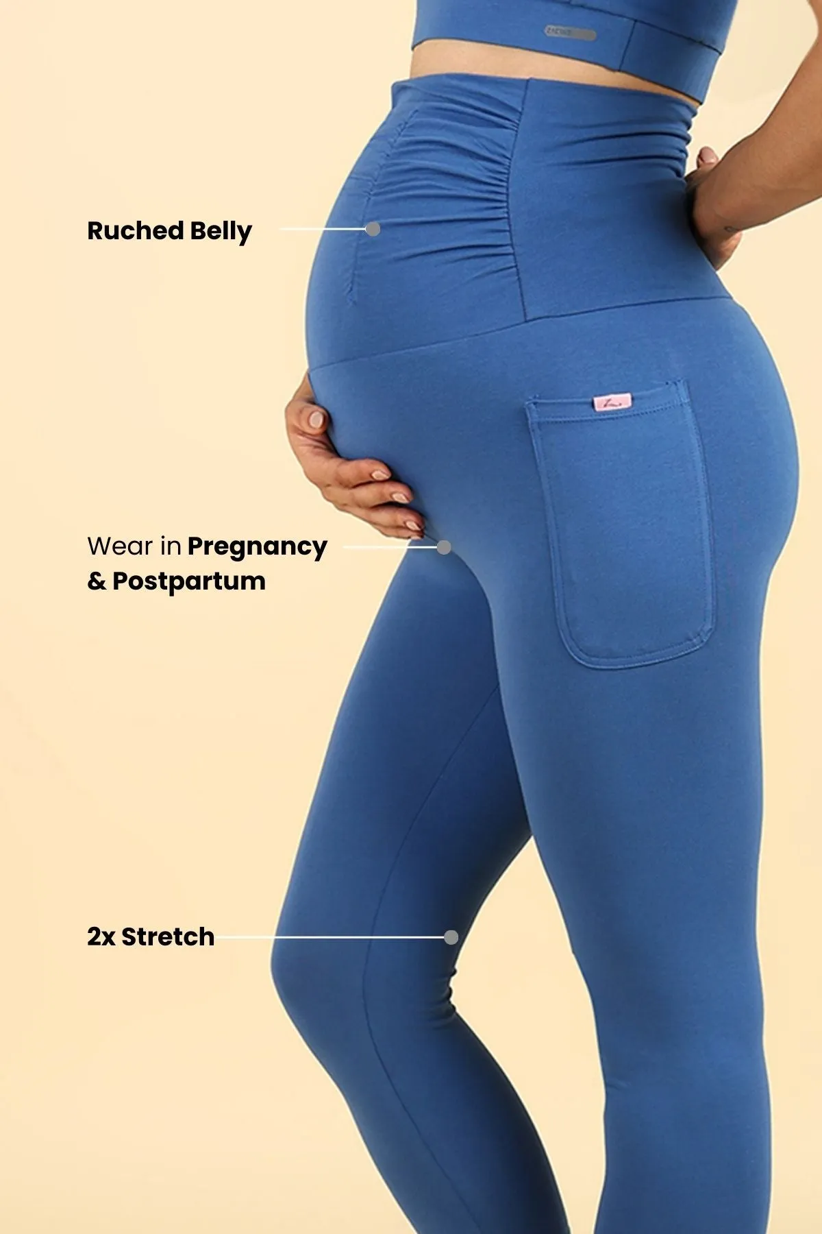 Ruched Cotton Blue Maternity Legging (Pregnancy & Postpartum)