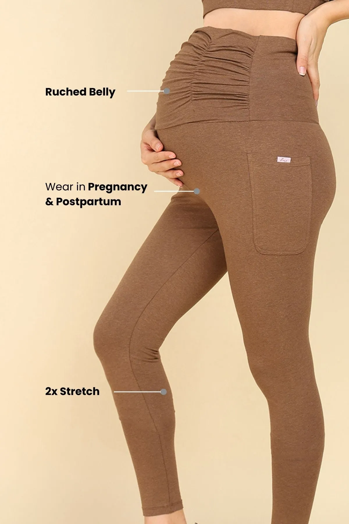 Ruched Cotton Melange Brown Maternity Legging (Pregnancy & Postpartum)