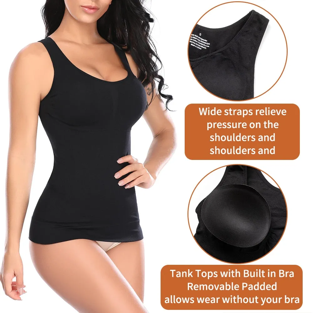 Tank Tops with Built in Bra Shelf Bra Casual Wide Strap Basic Camisole Sleeveless Top Body Shaper with Removable Bra Shapewear