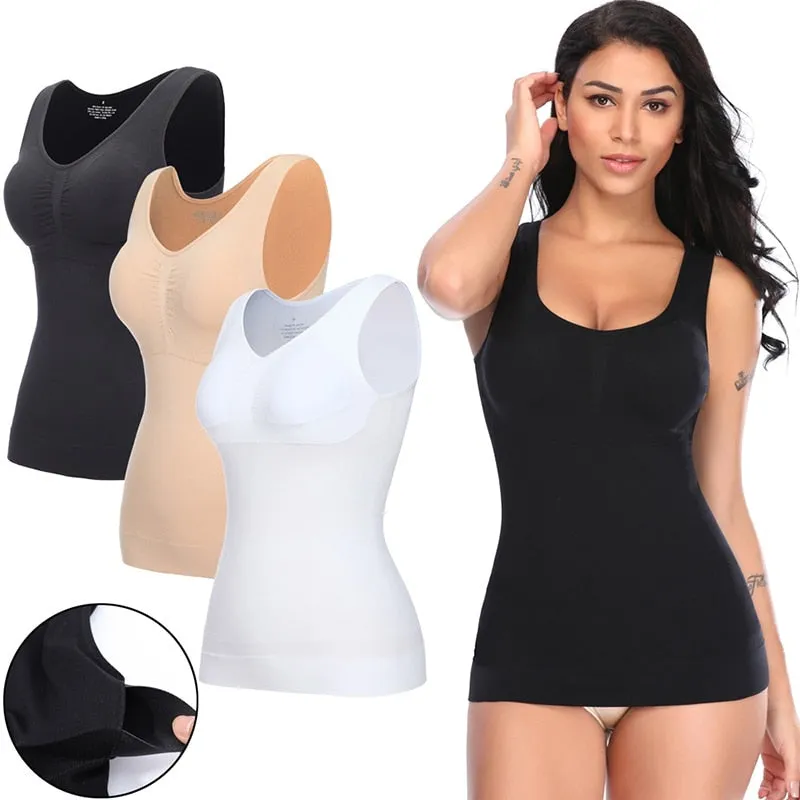 Tank Tops with Built in Bra Shelf Bra Casual Wide Strap Basic Camisole Sleeveless Top Body Shaper with Removable Bra Shapewear