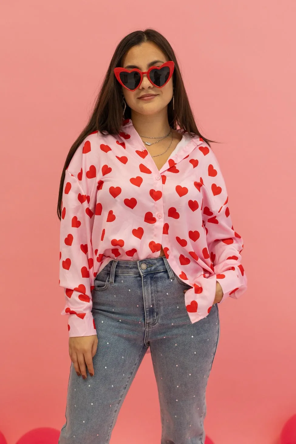 The Kathryn Red Hearts Button Up