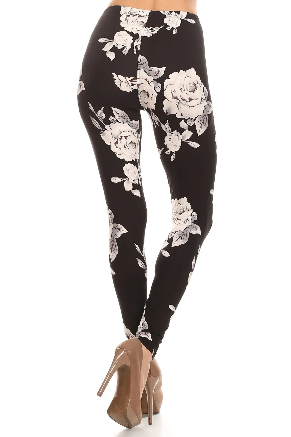 Women's 3 X 5X White Big Rose Floral Flower Pattern Printed Leggings