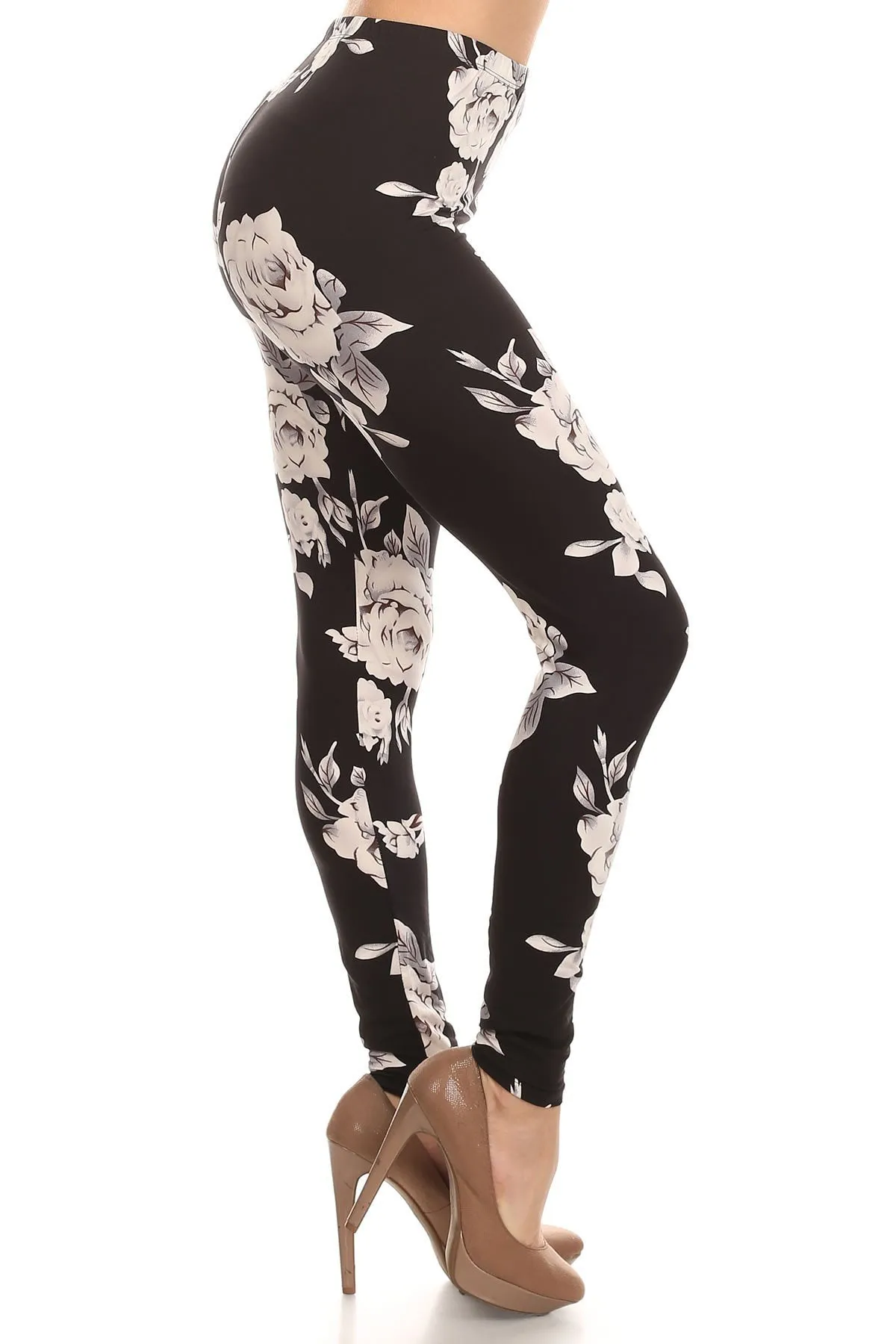 Women's 3 X 5X White Big Rose Floral Flower Pattern Printed Leggings