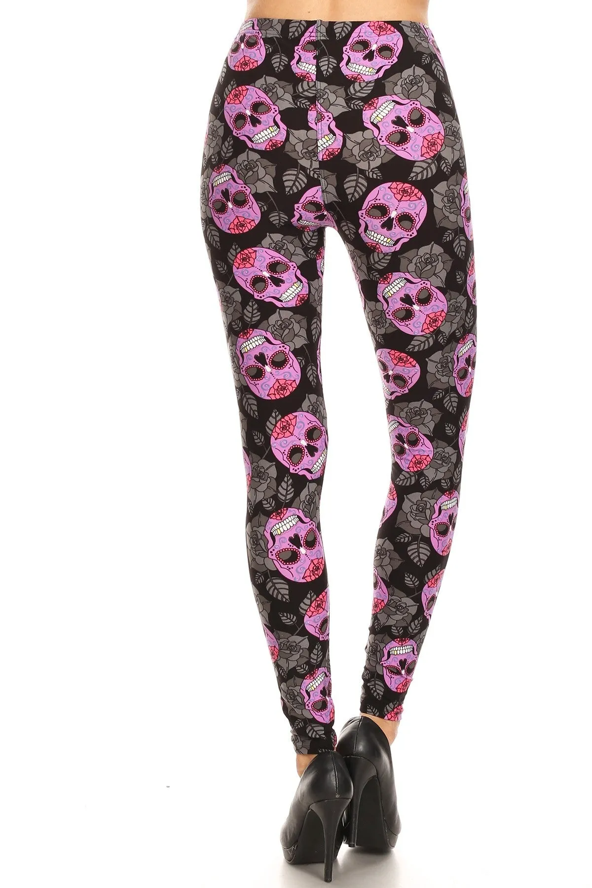 Women's 3X 5X Purple Sugar Skull Floral Pattern Print Leggings