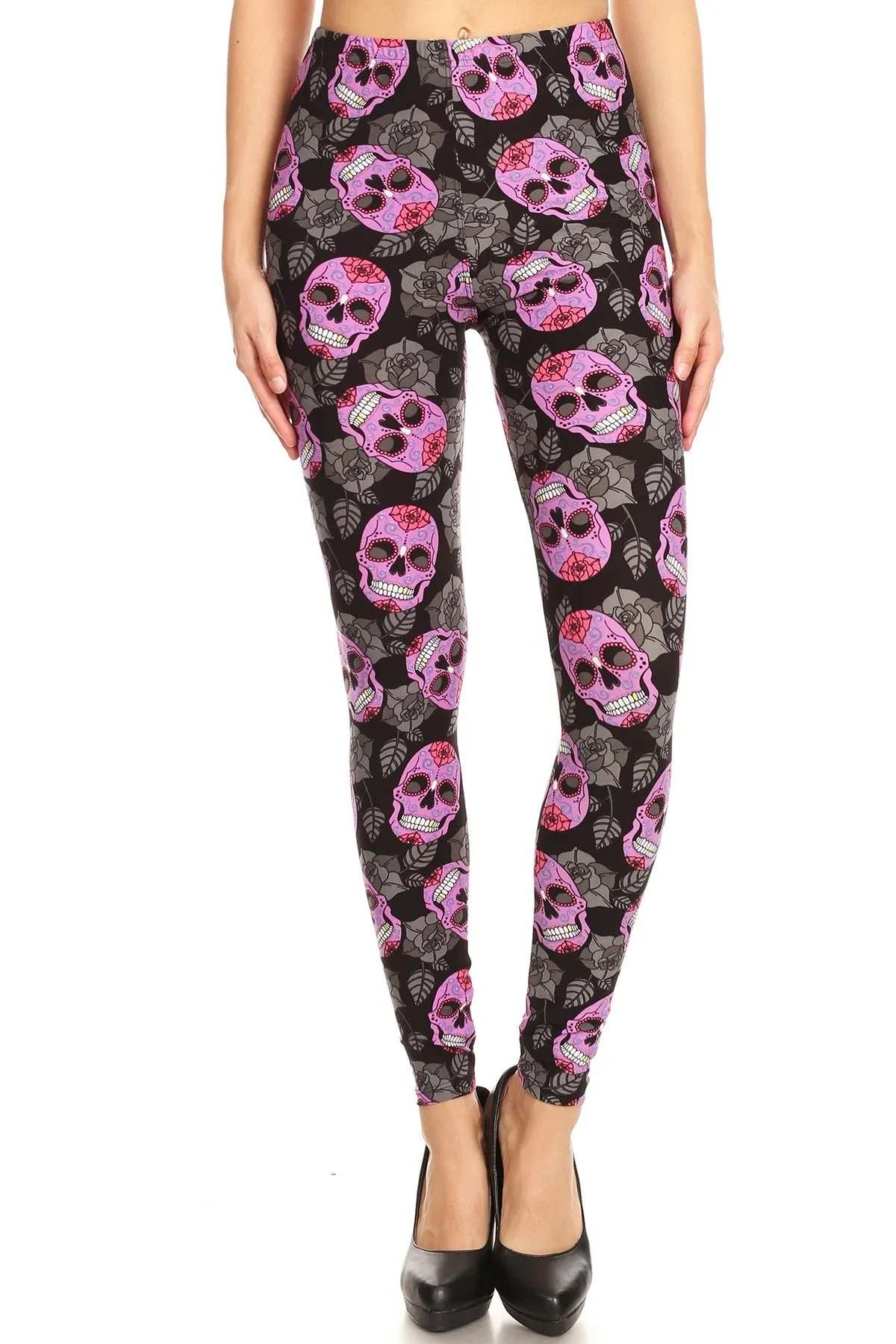 Women's 3X 5X Purple Sugar Skull Floral Pattern Print Leggings