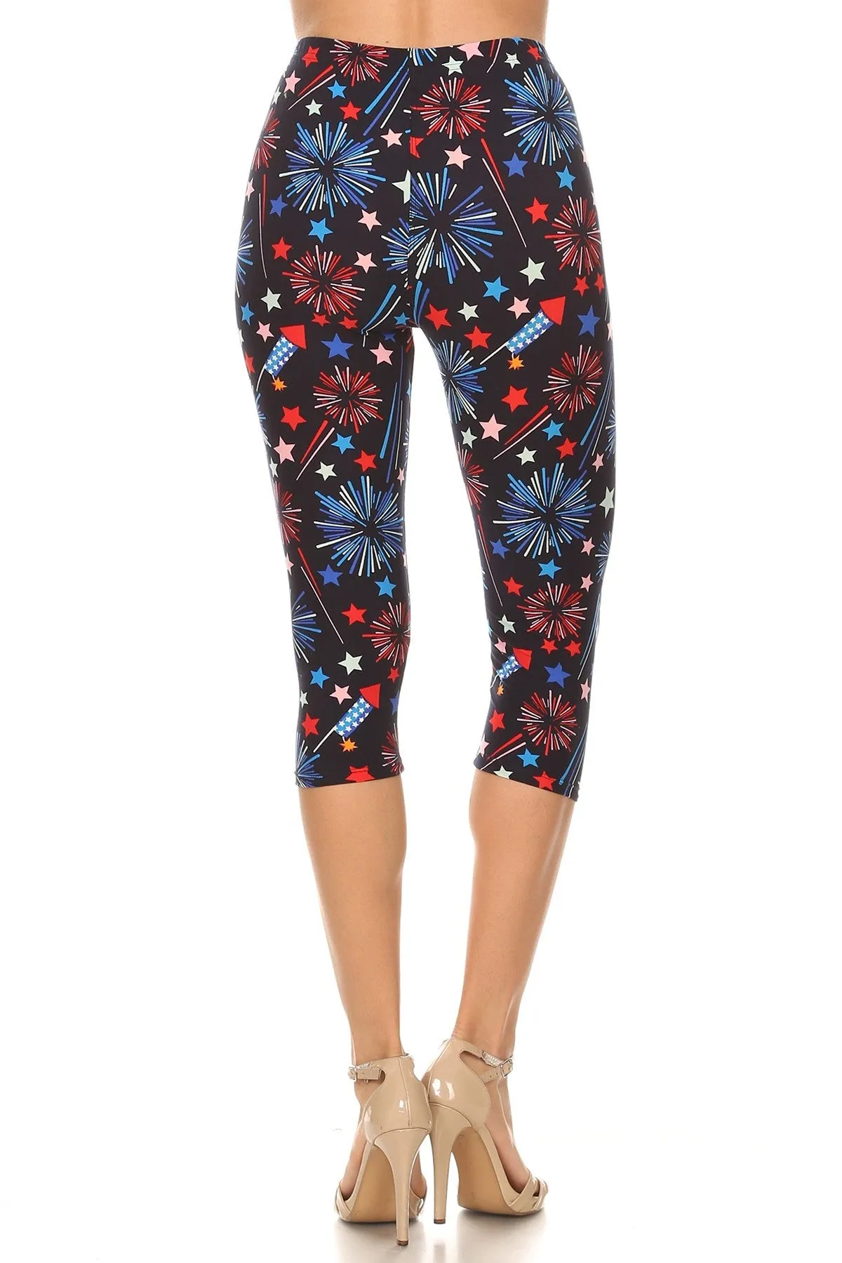 Women's 3X5X 4th of July Fireworks American Flag Printed Cropped Capri Leggings