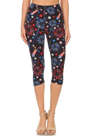 Women's 3X5X 4th of July Fireworks American Flag Printed Cropped Capri Leggings