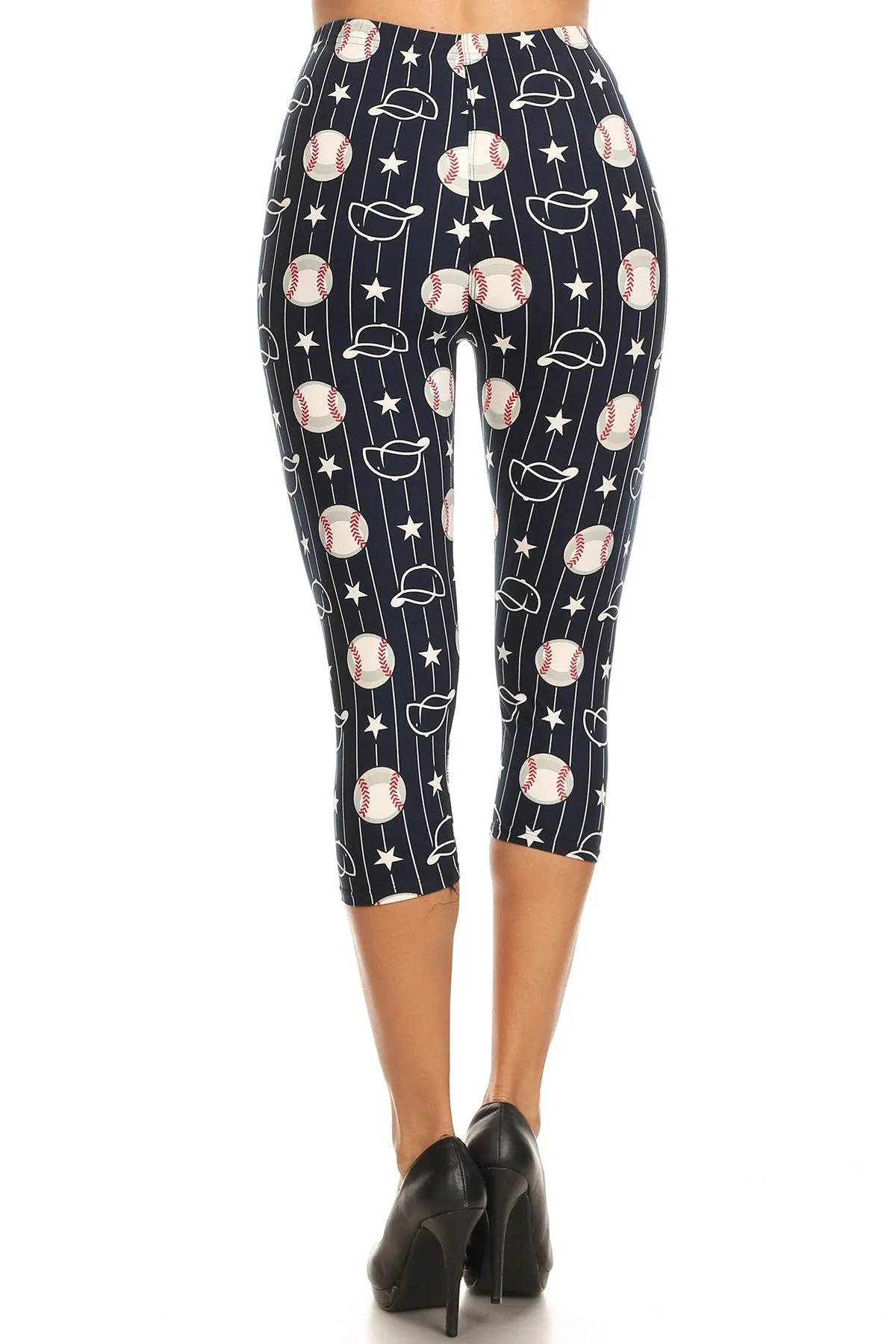 Women's Plus Baseball Ball & Cap Printed Cropped Capri Leggings