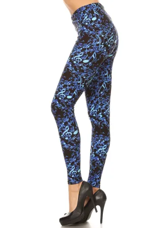 Women's Plus Blue Music Note Pattern Printed Leggings