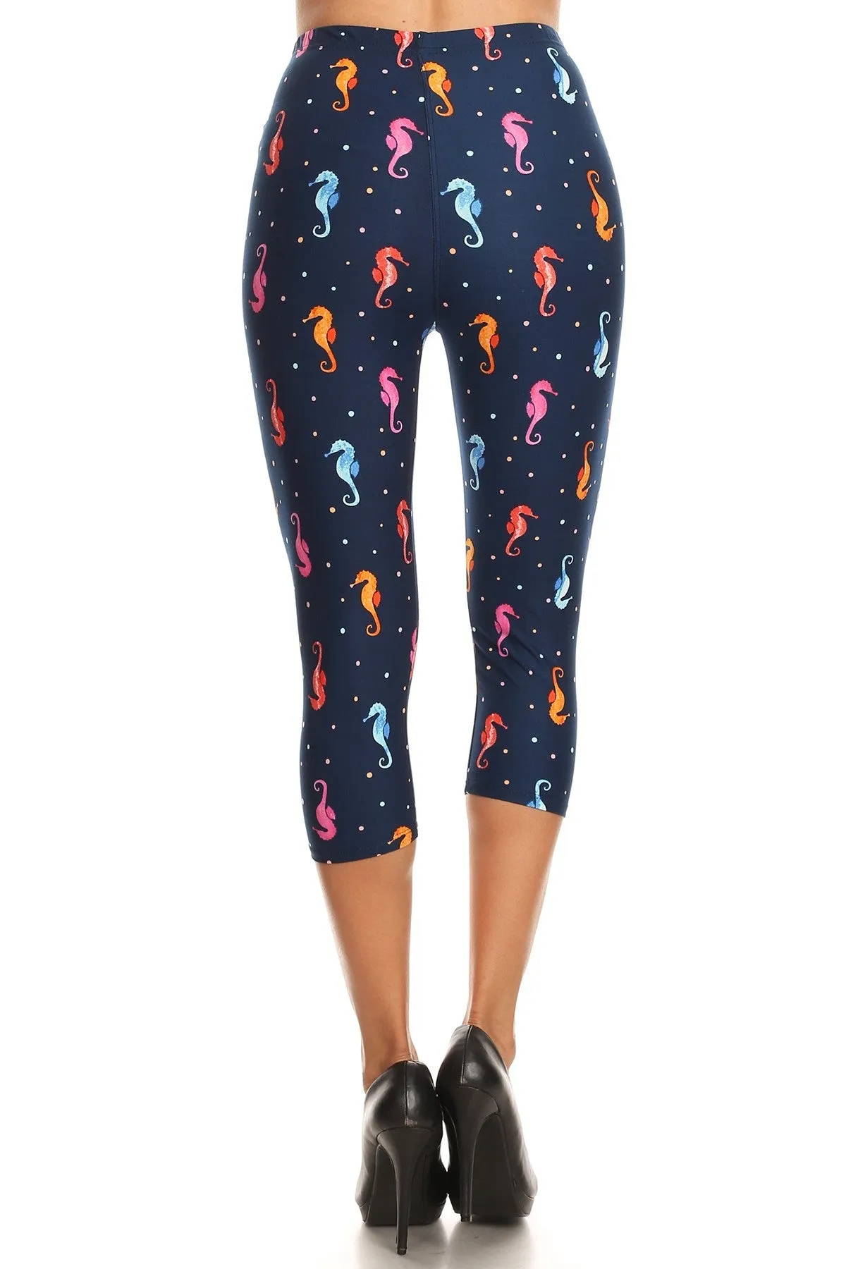 Women's Plus Sea Horses Bubbles Undersea Printed Cropped Capri Leggings