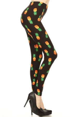 Women's PLUS Yellow Green Pineapple Pattern Printed Leggings