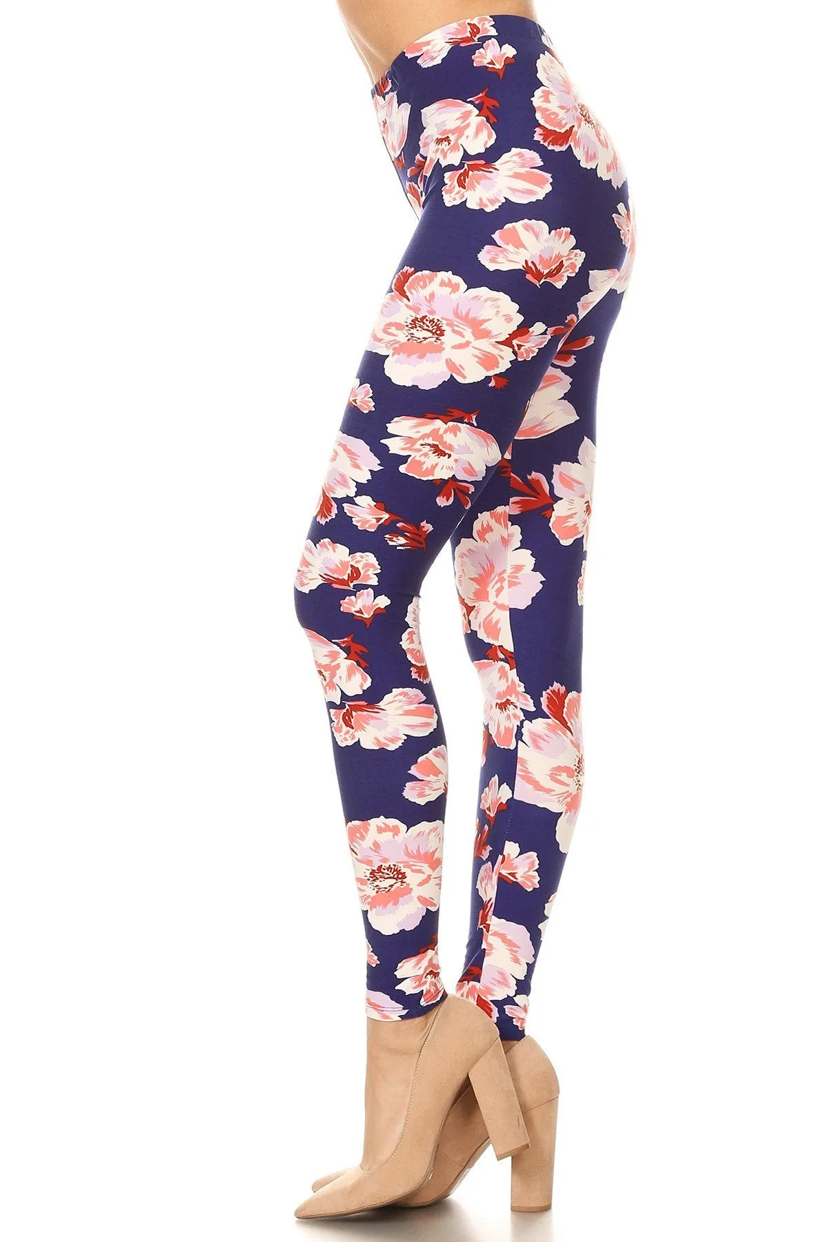 Women's Regular Big Pink Rose in Purple Pattern Printed Leggings