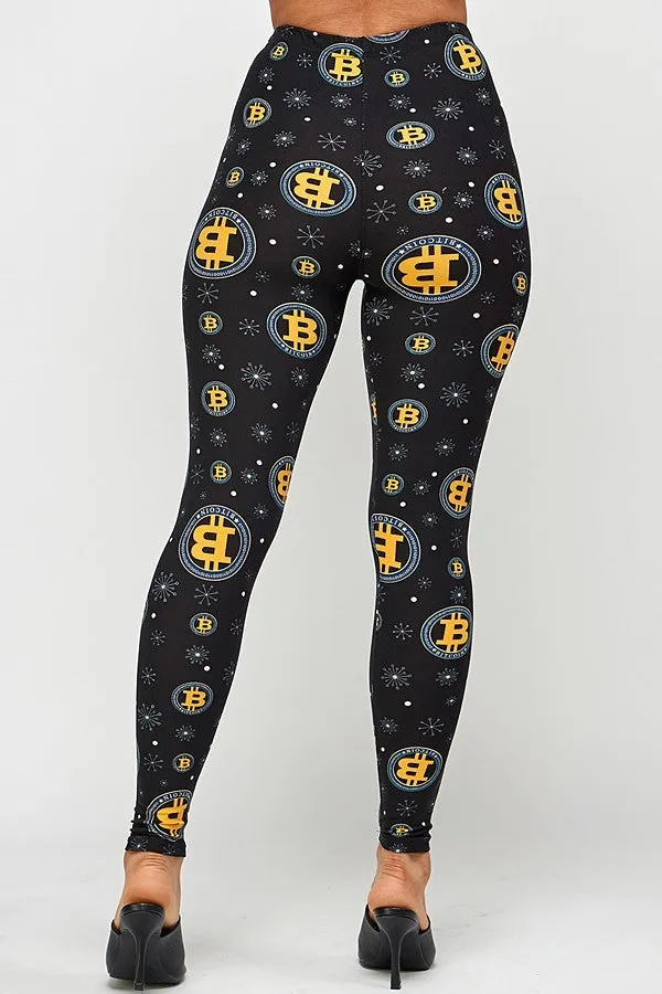 Women's Regular Black Bitcoin Pattern Printed Leggings