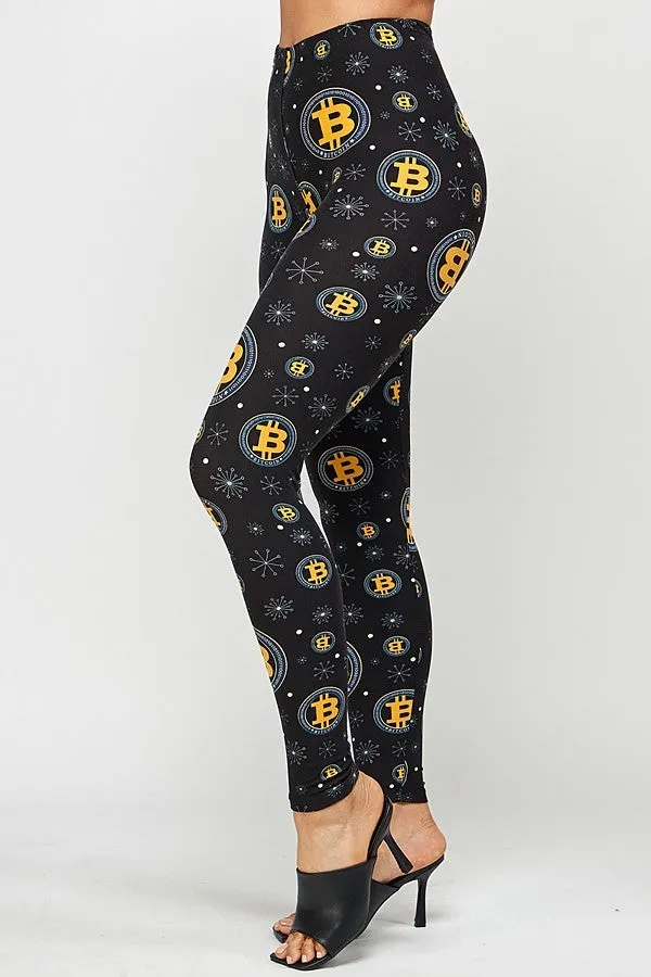 Women's Regular Black Bitcoin Pattern Printed Leggings