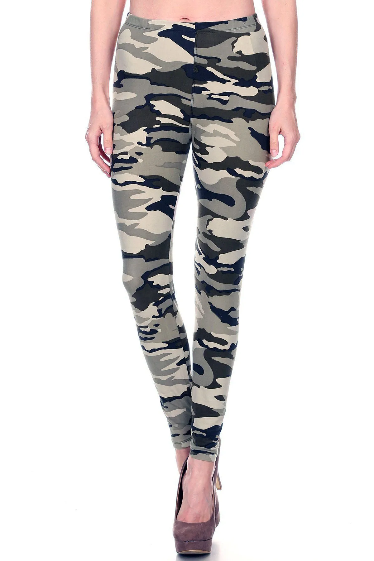 Women's Regular Camouflage Military Look Pattern Printed Leggings - Lt Grey Charcoal