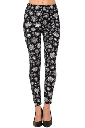 Women's Regular Christmas Black & White Snowflake Pattern Printed Leggings