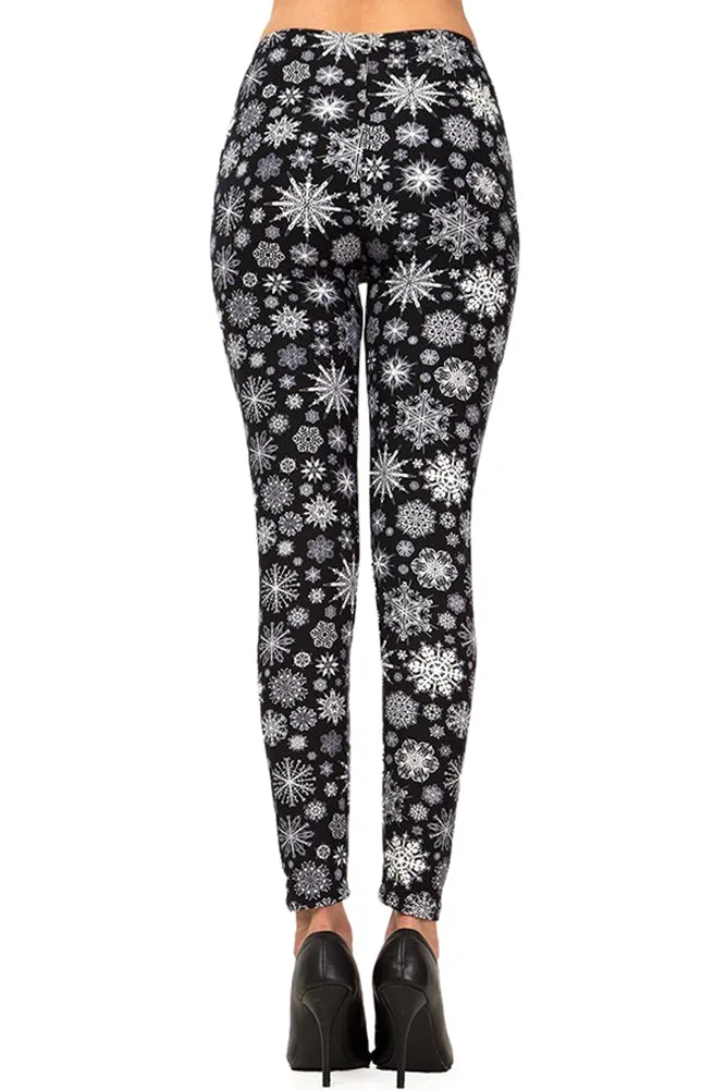 Women's Regular Christmas Black & White Snowflake Pattern Printed Leggings