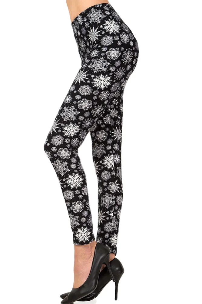 Women's Regular Christmas Black & White Snowflake Pattern Printed Leggings